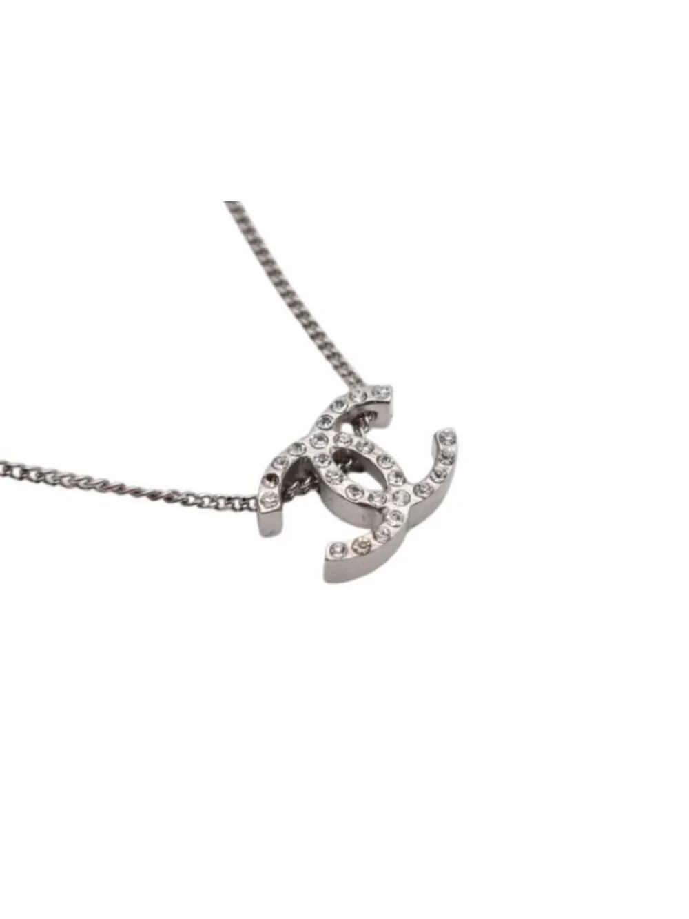 Chanel CC Logo Double Sided Rhinestone Necklace 10 44 Silver Metal